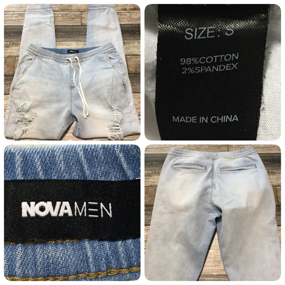 Nova Men Denim Jogger Pants Men’s S Light Wash Blue Distressed (Inseam 29).